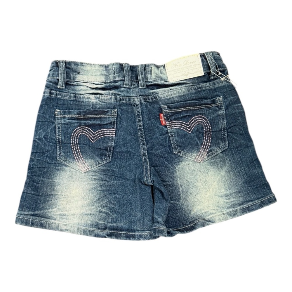 NewLover Denim Shorts, Heart Stitching & White Brand label on back, faded wash
